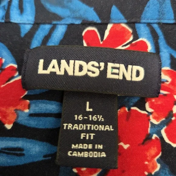 Lands End Hawaiian Camp Shirt Sz L Bright Blue/Red Rayon Cotton Blend **EUC ** - Picture 3 of 4